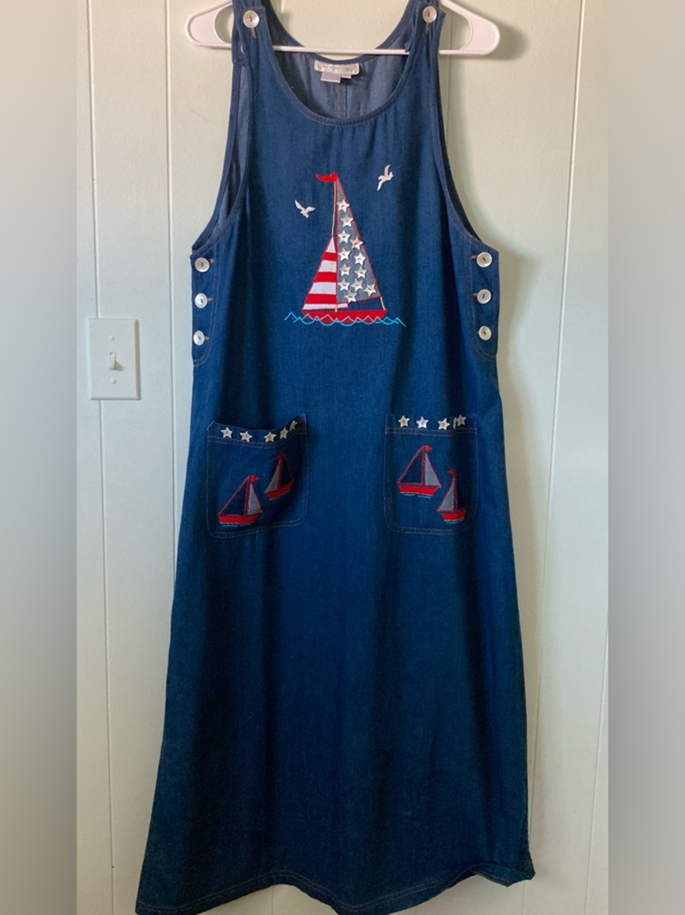 Casey Colman SZ L Nautical design Embroidered Maxi Dress 100%cotton Vintage